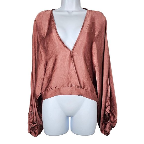 Free People Midnight Vibes Pink Satin Blend V-Neck Blouse Dolman Women's Medium - Picture 3 of 11